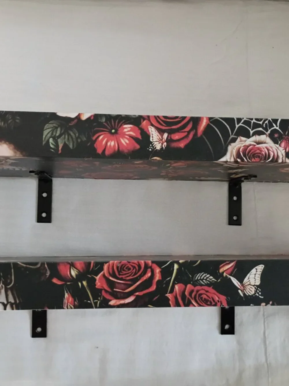 NEW Pair Handmade Matching Red & Black Skulls, Spider Webs,& Roses Shelves